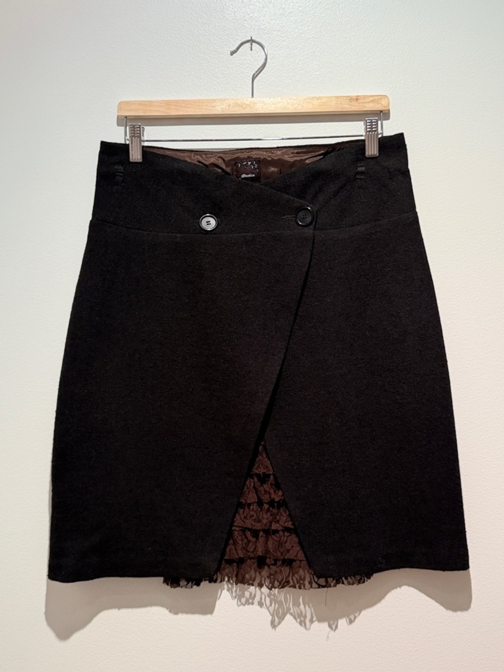 NWOT Chocolate Brown Wool-Blend Wrap Skirt with Button and Lace Details